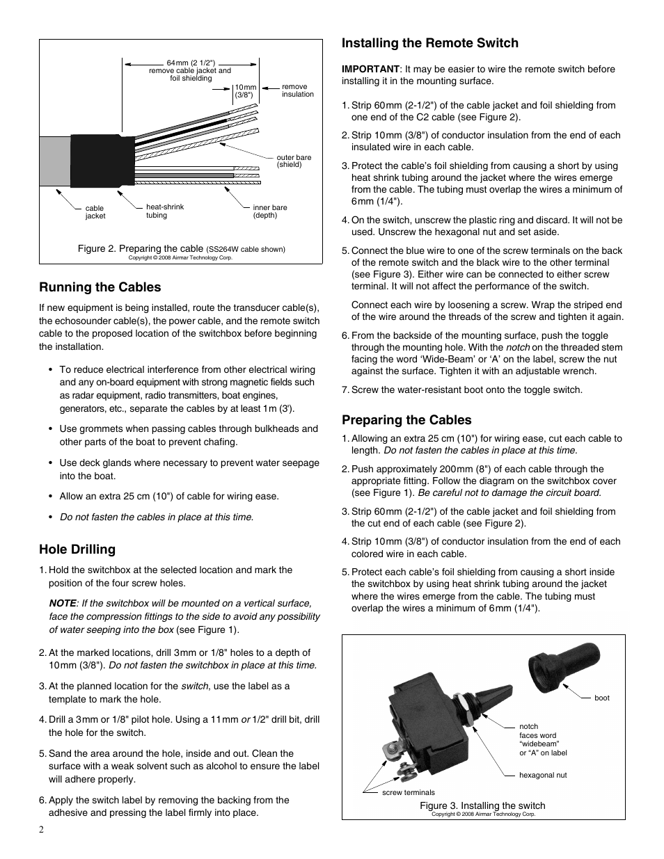 Running the cables, Hole drilling, Installing the remote switch | Preparing the cables | Airmar Small Switchbox with Remote Switch–SB646 User Manual | Page 2 / 4