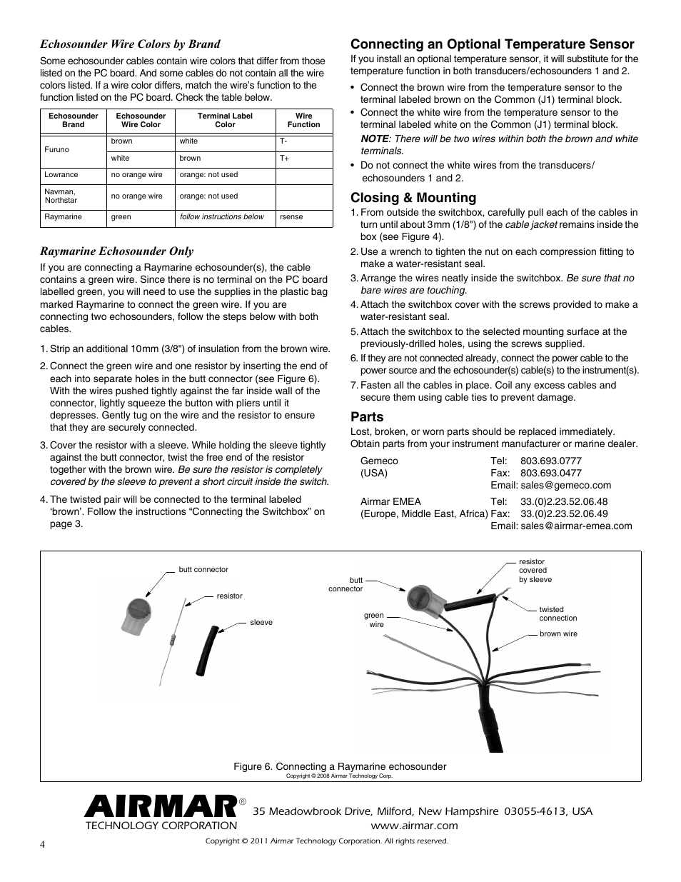 Airmar, Connecting an optional temperature sensor, Closing & mounting | Parts, Echosounder wire colors by brand, Raymarine echosounder only | Airmar Small Switchbox with Remote Switch–SB646 User Manual | Page 4 / 4