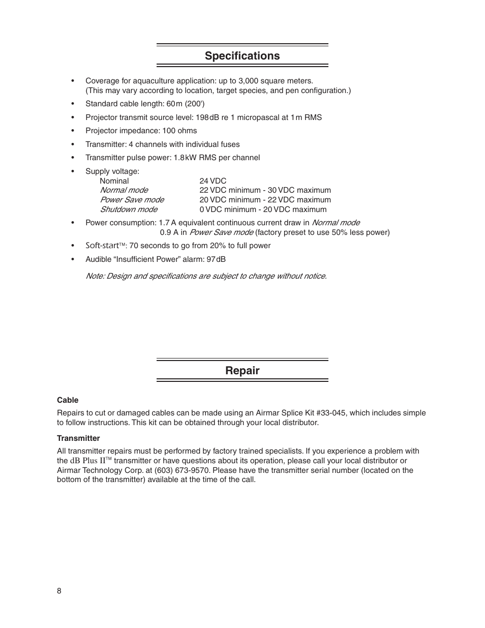 Specifications, Repair | Airmar Acoustic Deterrent System—dB Plus II™ User Manual | Page 10 / 13