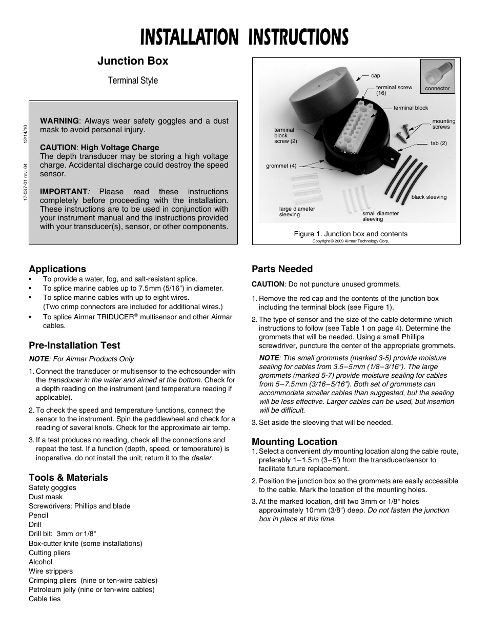 Airmar Splash-proof Junction Box User Manual | 4 pages