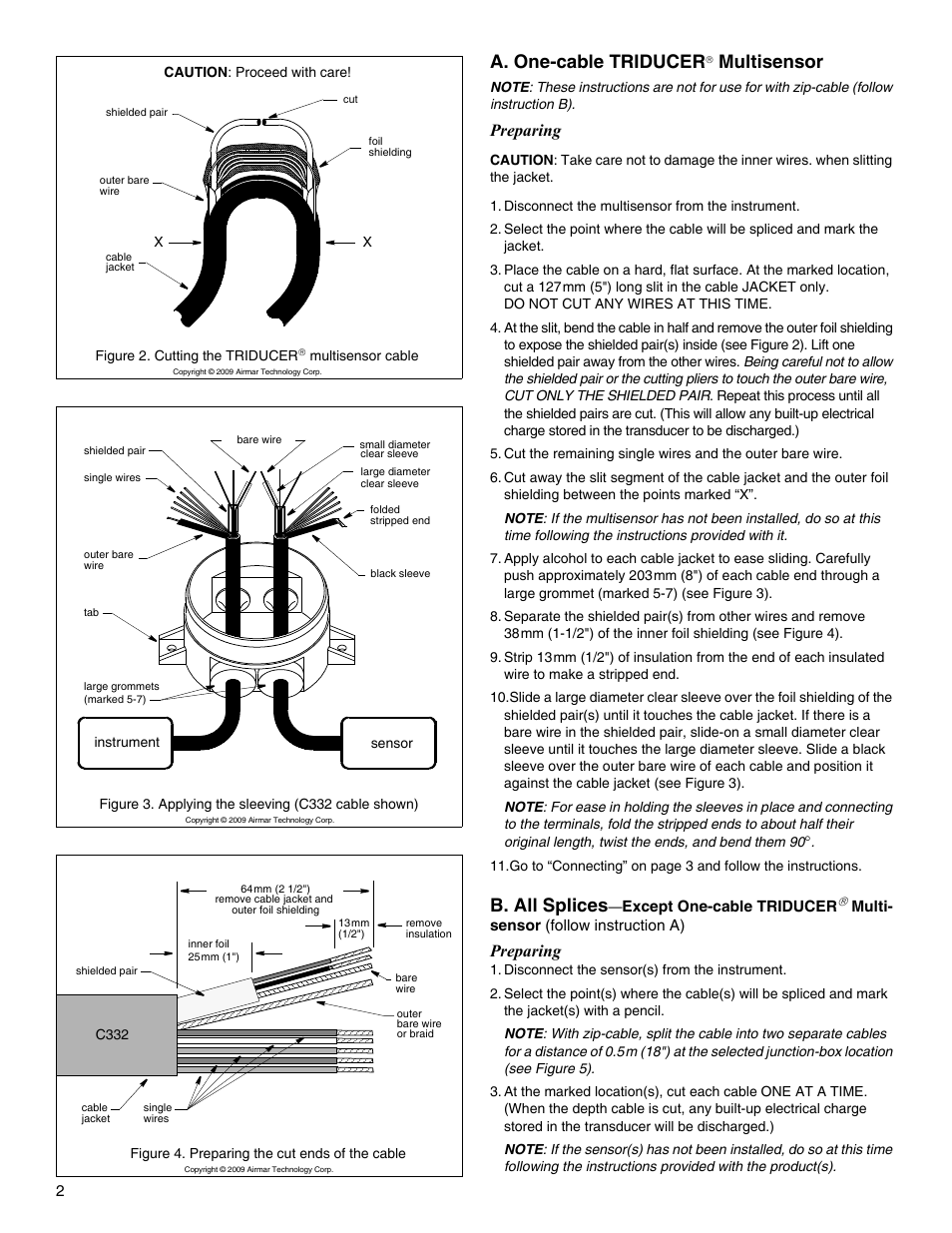 A. one-cable triducer, Multisensor, B. all splices | Preparing | Airmar Splash-proof Junction Box User Manual | Page 2 / 4