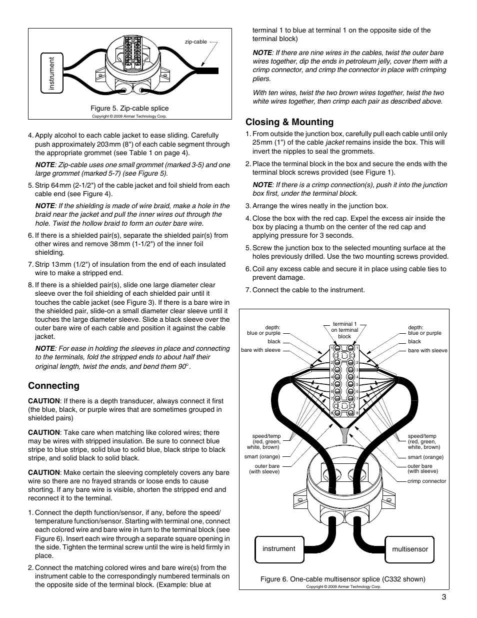 Connecting, Closing & mounting | Airmar Splash-proof Junction Box User Manual | Page 3 / 4