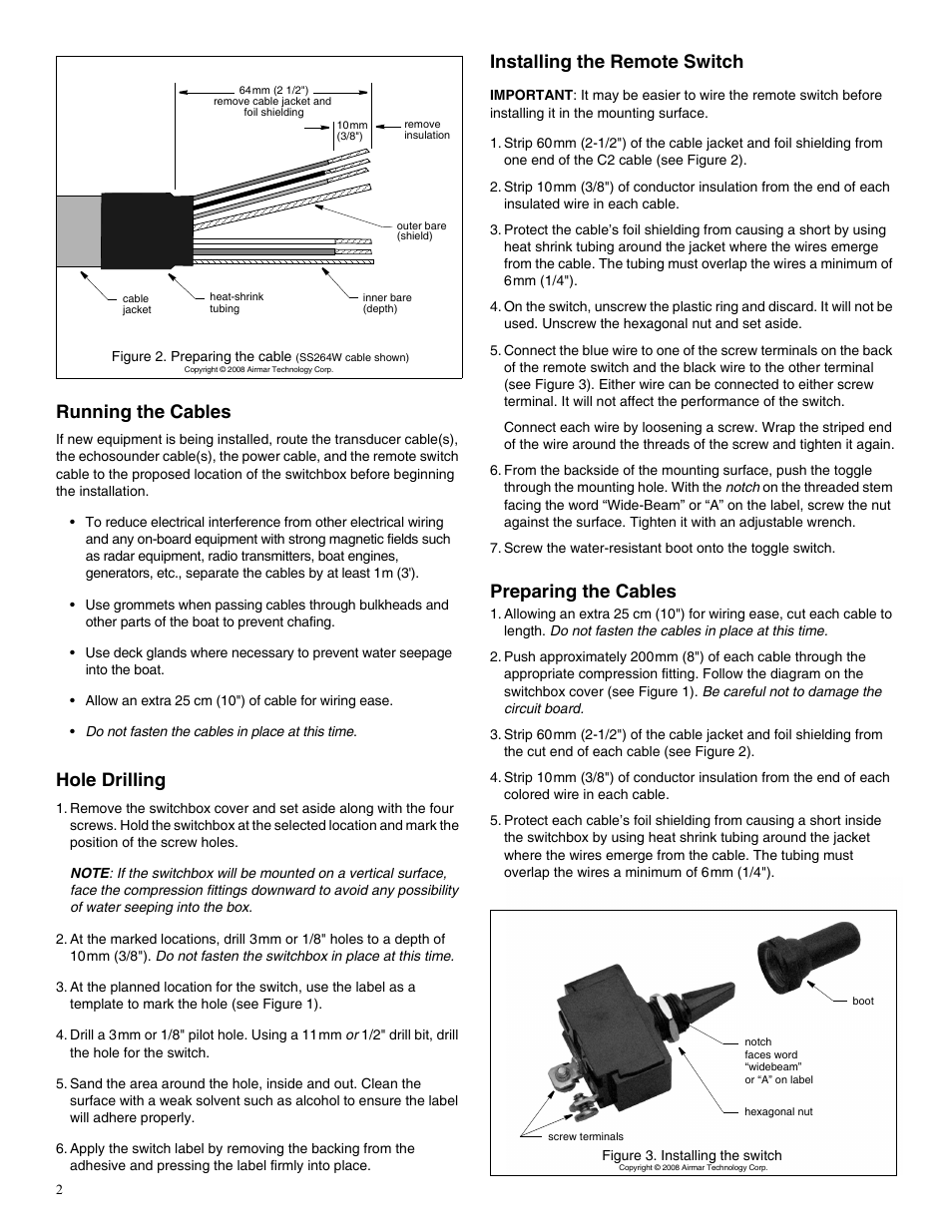 Running the cables, Hole drilling, Installing the remote switch | Preparing the cables | Airmar Switchboxes—SB264, SB260 User Manual | Page 2 / 4