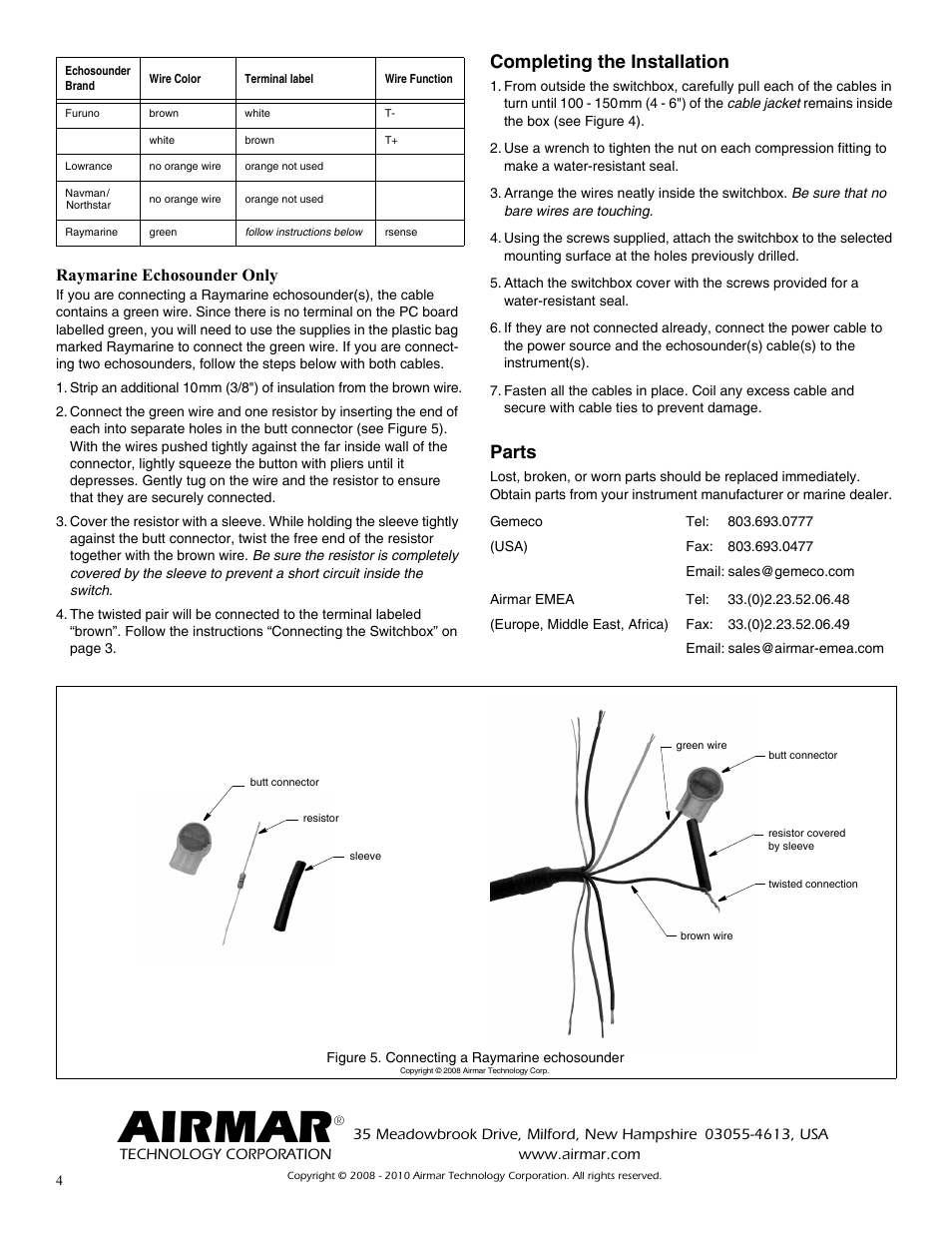 Airmar, Completing the installation, Parts | Raymarine echosounder only | Airmar Switchboxes—SB264, SB260 User Manual | Page 4 / 4