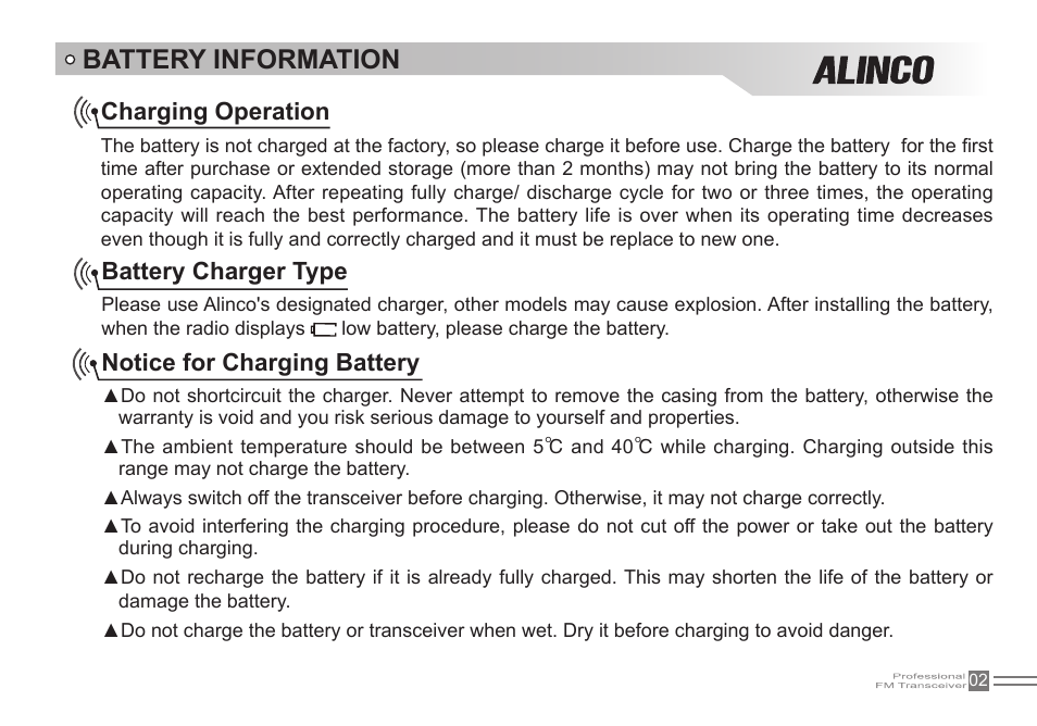 Battery information, Charging operation, Battery charger type | Notice for charging battery | Alinco DJ-500 User Manual | Page 18 / 69