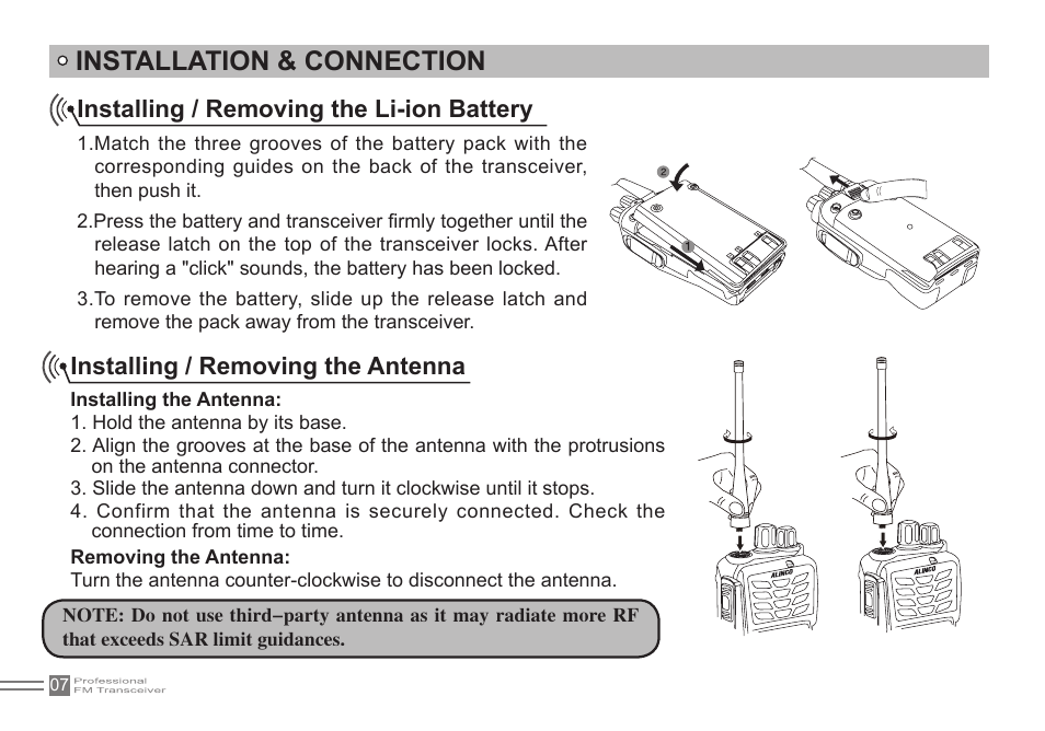 Installation & connection, Installing / removing the li-ion battery, Installing / removing the antenna | Alinco DJ-500 User Manual | Page 23 / 69