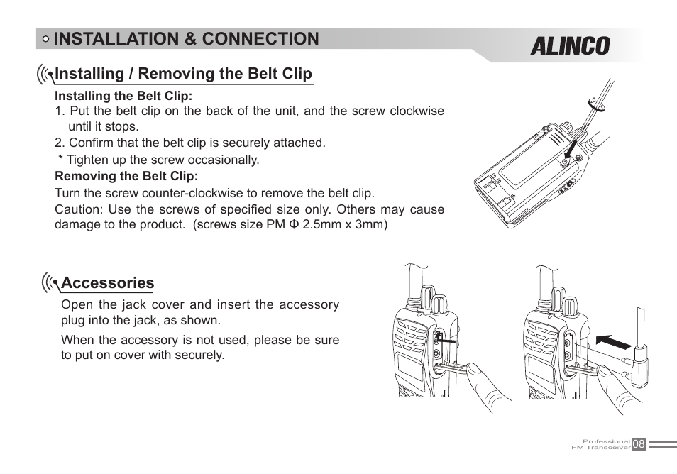 Installation & connection, Installing / removing the belt clip, Accessories | Alinco DJ-500 User Manual | Page 24 / 69