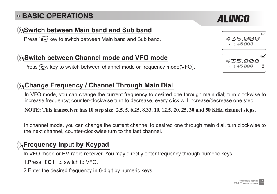 Basic operations, Switch between main band and sub band, Switch between channel mode and vfo mode | Change frequency / channel through main dial, Frequency input by keypad | Alinco DJ-500 User Manual | Page 30 / 69