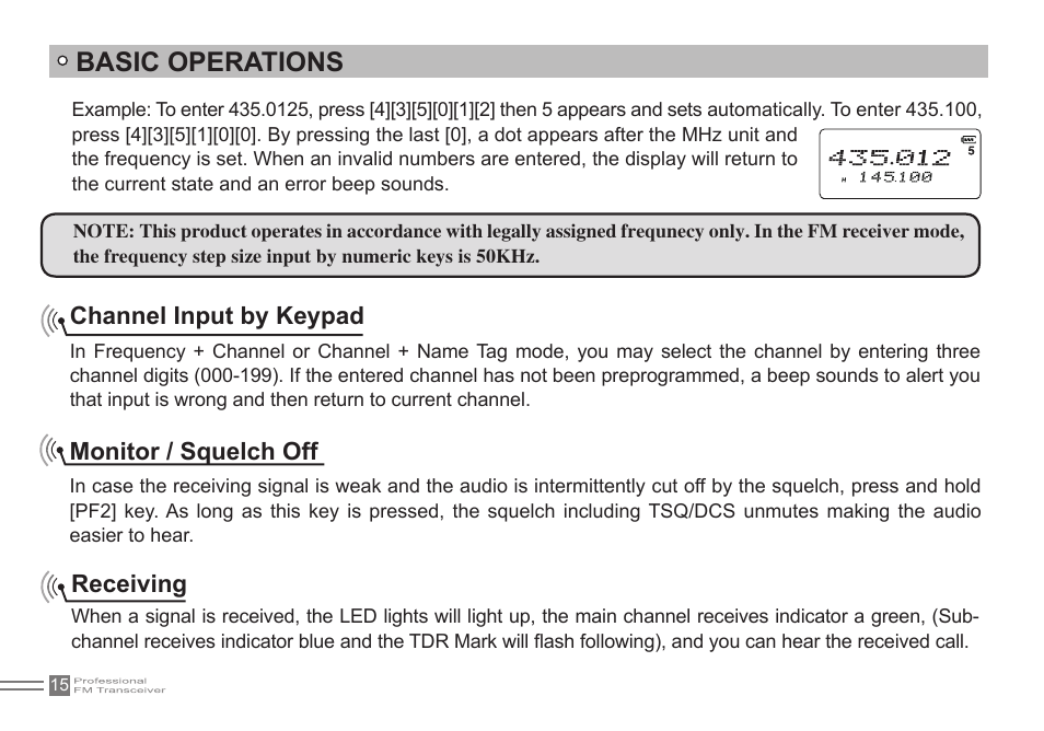 Basic operations, Channel input by keypad, Monitor / squelch off | Receiving | Alinco DJ-500 User Manual | Page 31 / 69