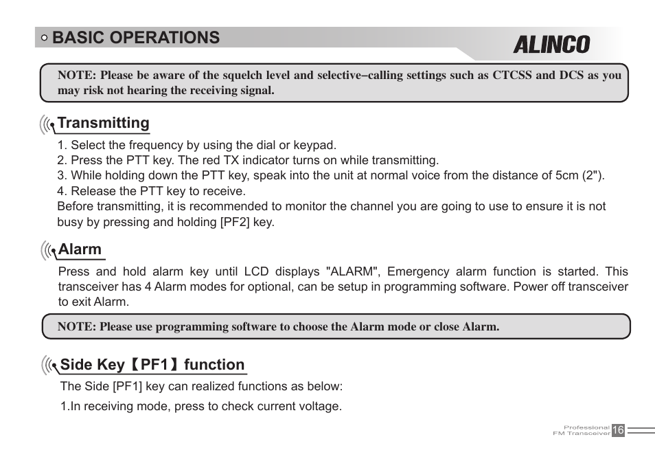 Basic operations, Transmitting, Alarm | Side key 【 pf1 】 function | Alinco DJ-500 User Manual | Page 32 / 69