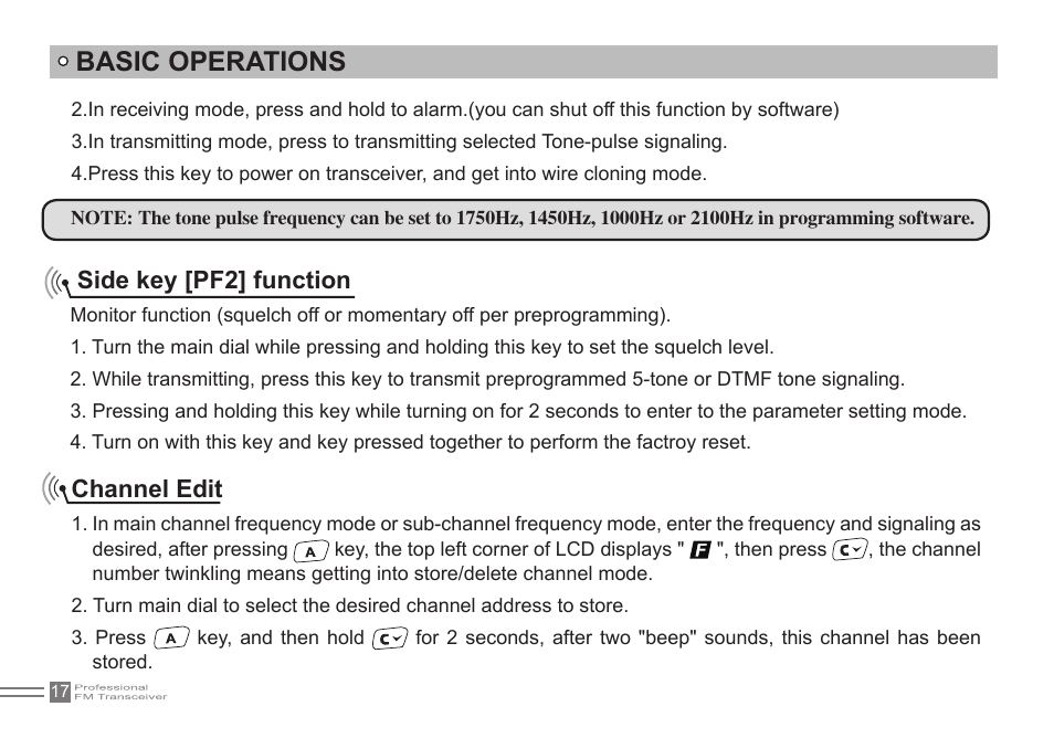 Basic operations, Side key [pf2] function, Channel edit | Alinco DJ-500 User Manual | Page 33 / 69