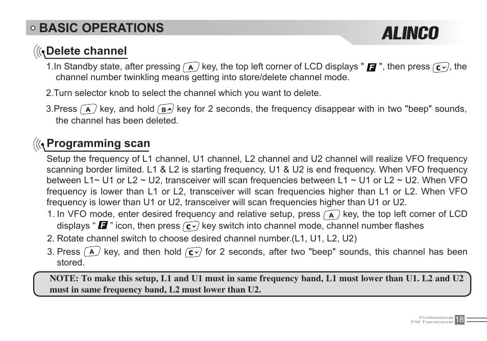 Basic operations, Delete channel, Programming scan | Alinco DJ-500 User Manual | Page 34 / 69