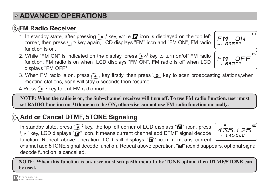 Advanced operations, Fm radio receiver, Add or cancel dtmf, 5tone signaling | Alinco DJ-500 User Manual | Page 35 / 69