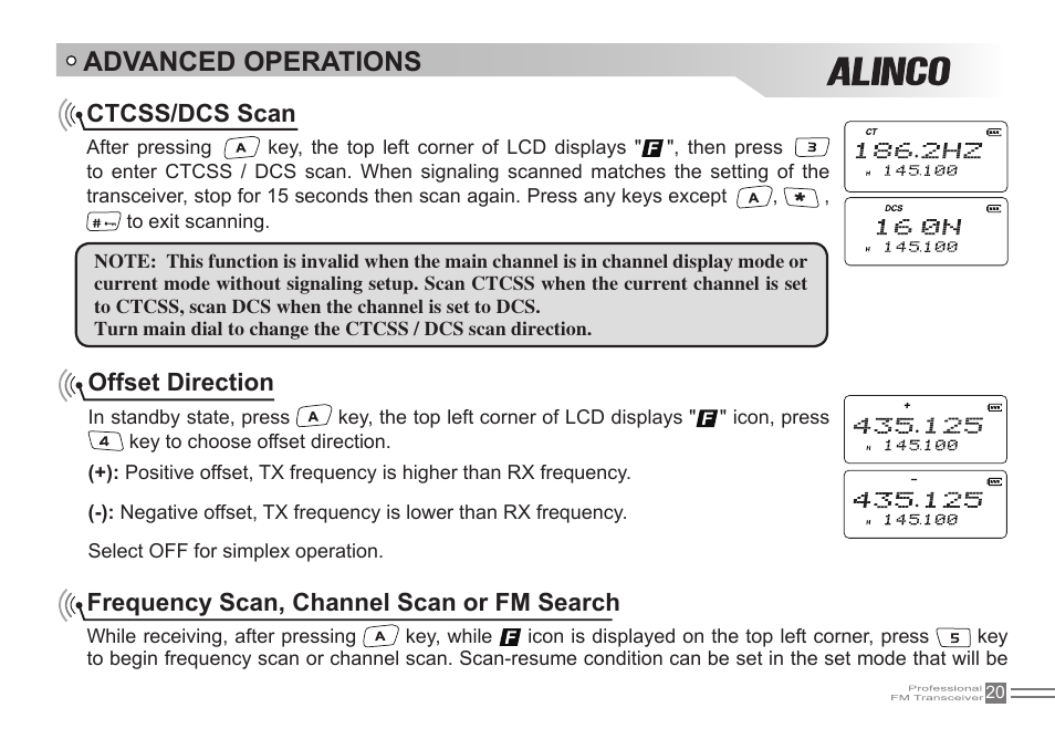 Advanced operations, Ctcss/dcs scan, Offset direction | Frequency scan, channel scan or fm search | Alinco DJ-500 User Manual | Page 36 / 69