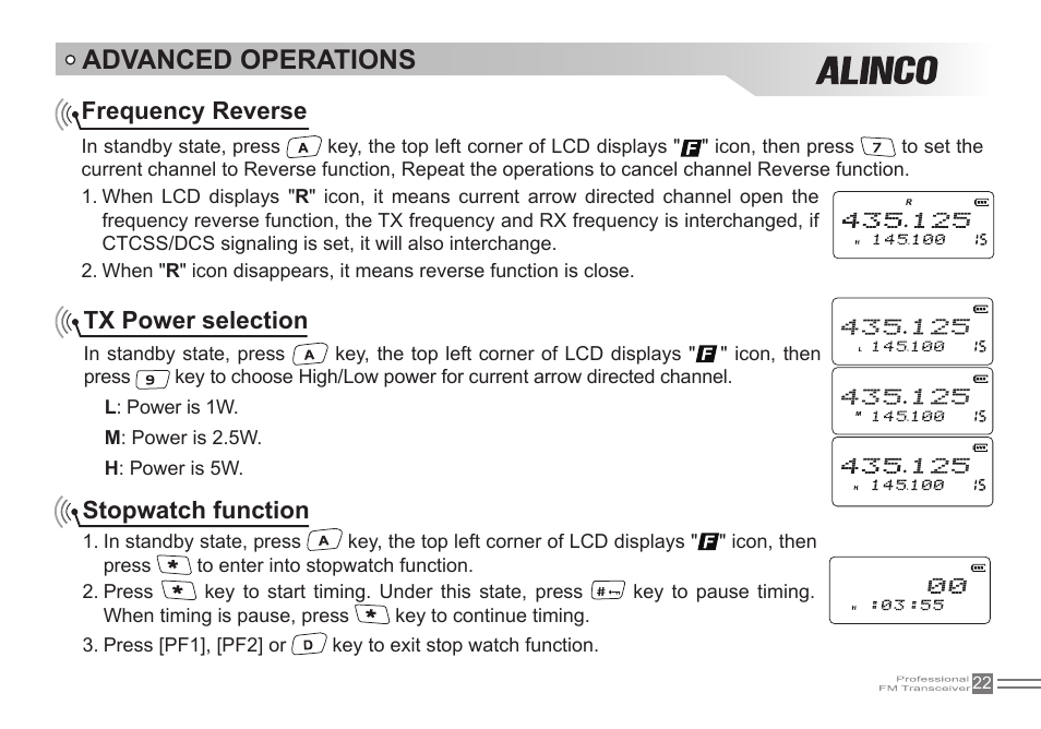 Advanced operations, Frequency reverse, Tx power selection | Stopwatch function | Alinco DJ-500 User Manual | Page 38 / 69