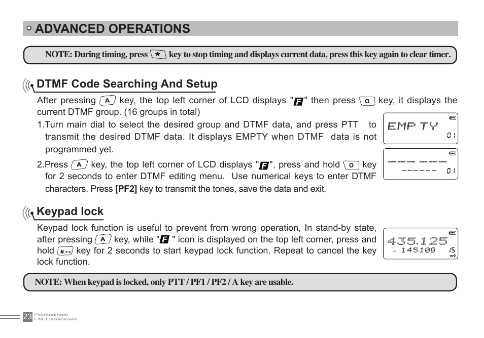 Advanced operations, Dtmf code searching and setup, Keypad lock | Alinco DJ-500 User Manual | Page 39 / 69