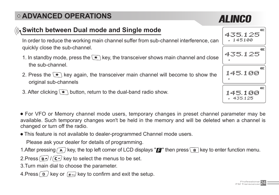 Advanced operations, Switch between dual mode and single mode | Alinco DJ-500 User Manual | Page 40 / 69