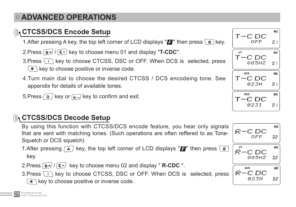 Advanced operations, Ctcss/dcs decode setup, Ctcss/dcs encode setup | Alinco DJ-500 User Manual | Page 41 / 69