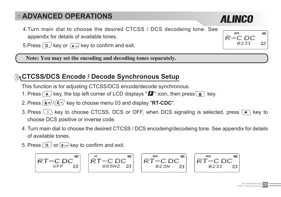 Advanced operations, Ctcss/dcs encode / decode synchronous setup | Alinco DJ-500 User Manual | Page 42 / 69