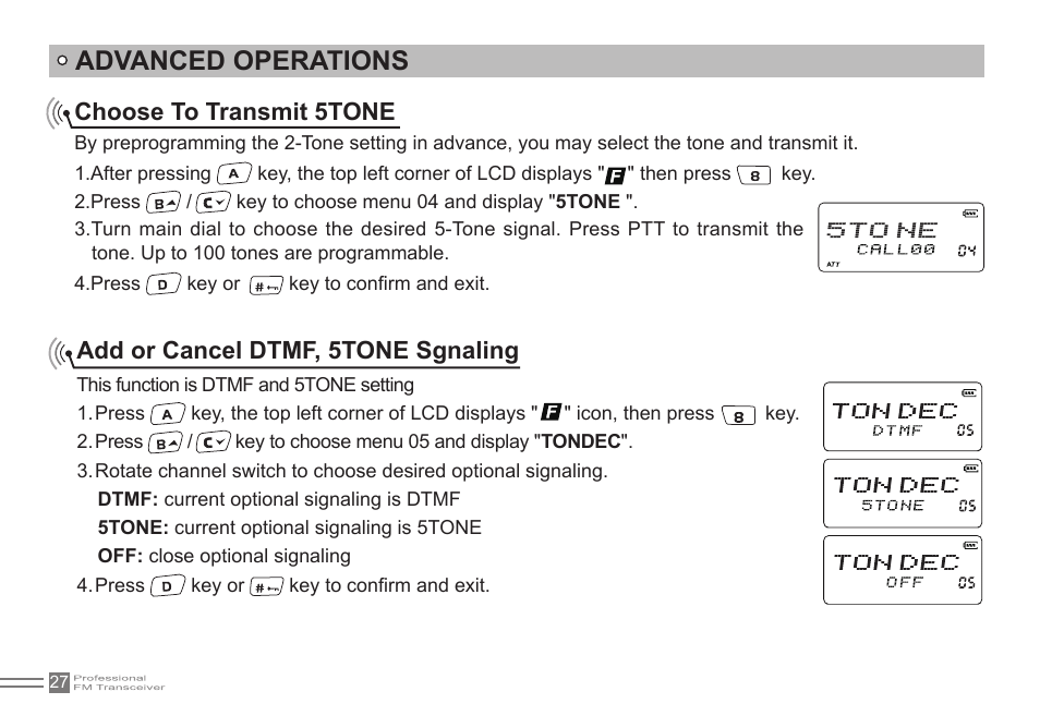 Advanced operations, Add or cancel dtmf, 5tone sgnaling, Choose to transmit 5tone | Alinco DJ-500 User Manual | Page 43 / 69