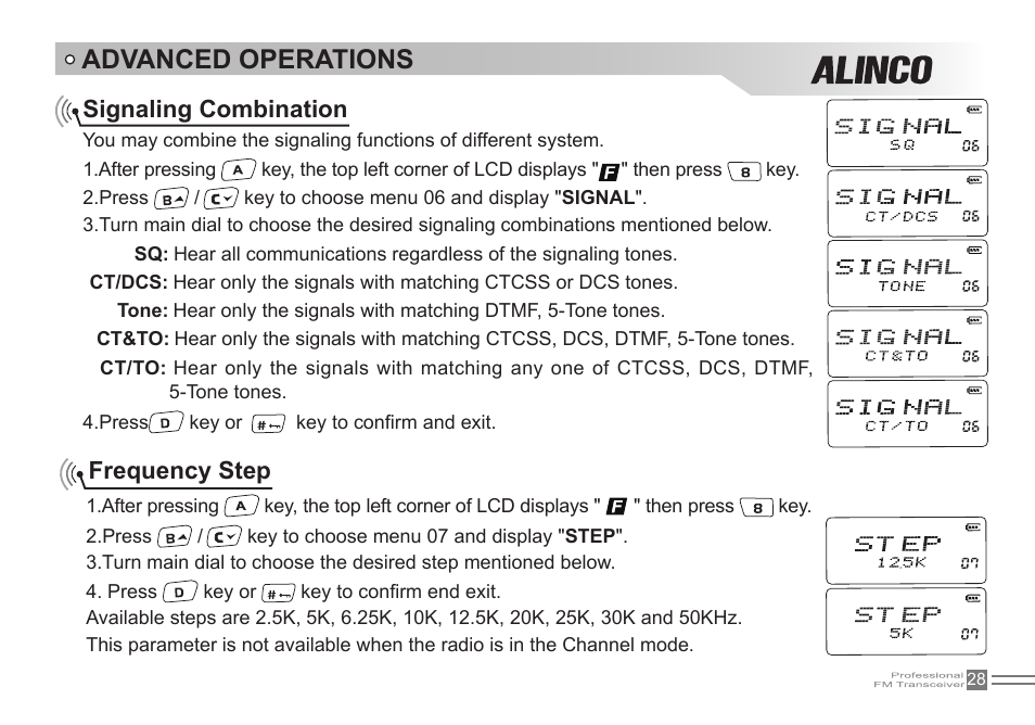 Advanced operations, Signaling combination, Frequency step | Alinco DJ-500 User Manual | Page 44 / 69