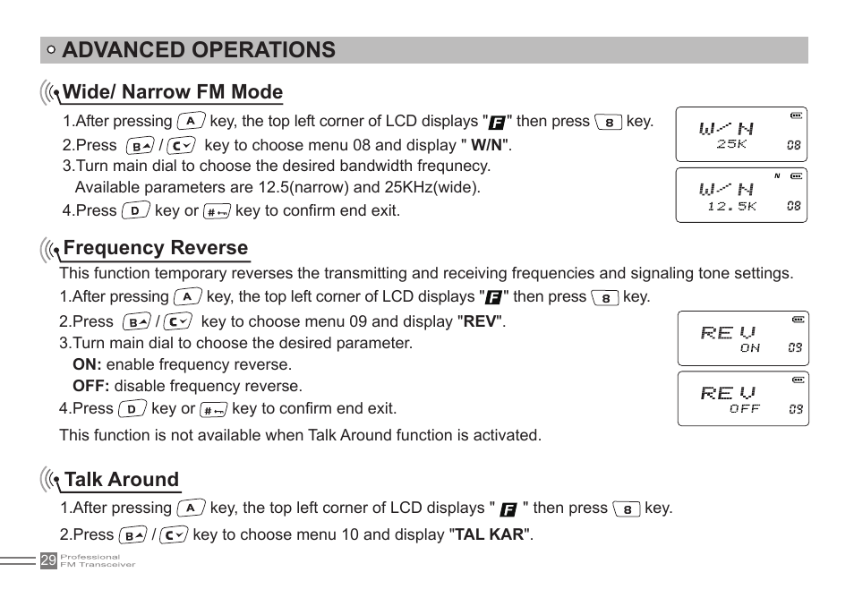 Advanced operations, Wide/ narrow fm mode, Frequency reverse | Talk around | Alinco DJ-500 User Manual | Page 45 / 69