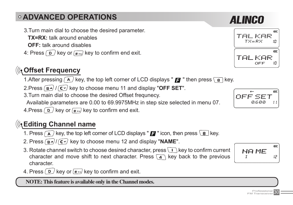 Advanced operations, Offset frequency, Editing channel name | Alinco DJ-500 User Manual | Page 46 / 69