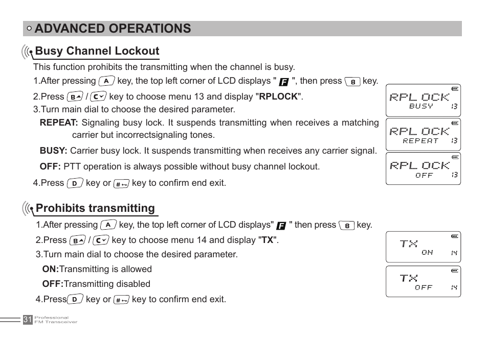 Advanced operations, Busy channel lockout, Prohibits transmitting | Alinco DJ-500 User Manual | Page 47 / 69