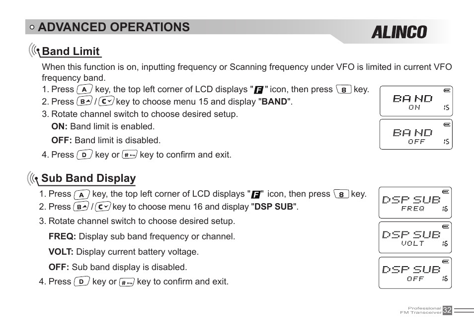 Advanced operations, Band limit, Sub band display | Alinco DJ-500 User Manual | Page 48 / 69