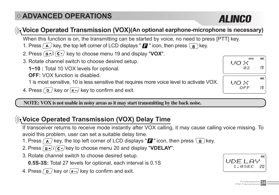 Advanced operations, Voice operated transmission (vox), Voice operated transmission (vox) delay time | Alinco DJ-500 User Manual | Page 50 / 69