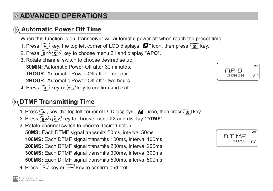 Advanced operations, Automatic power off time, Dtmf transmitting time | Alinco DJ-500 User Manual | Page 51 / 69