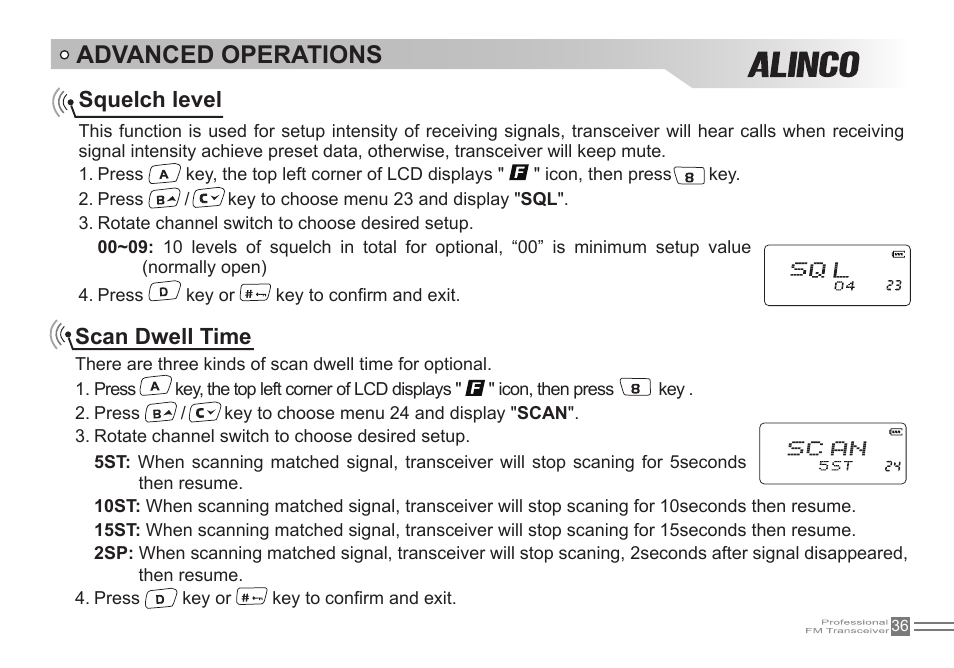 Advanced operations, Squelch level, Scan dwell time | Alinco DJ-500 User Manual | Page 52 / 69