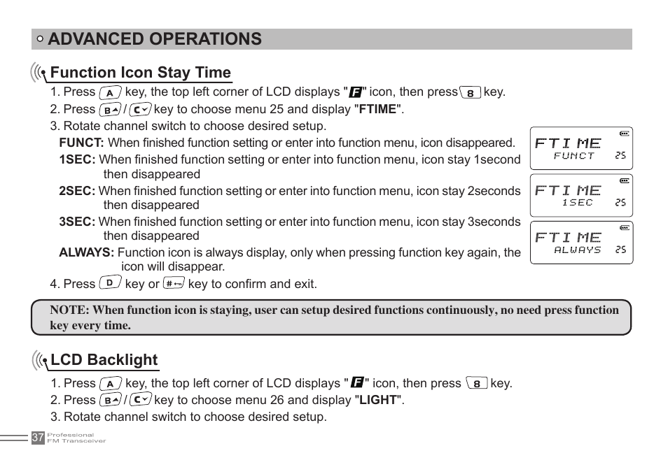 Advanced operations, Function icon stay time, Lcd backlight | Alinco DJ-500 User Manual | Page 53 / 69