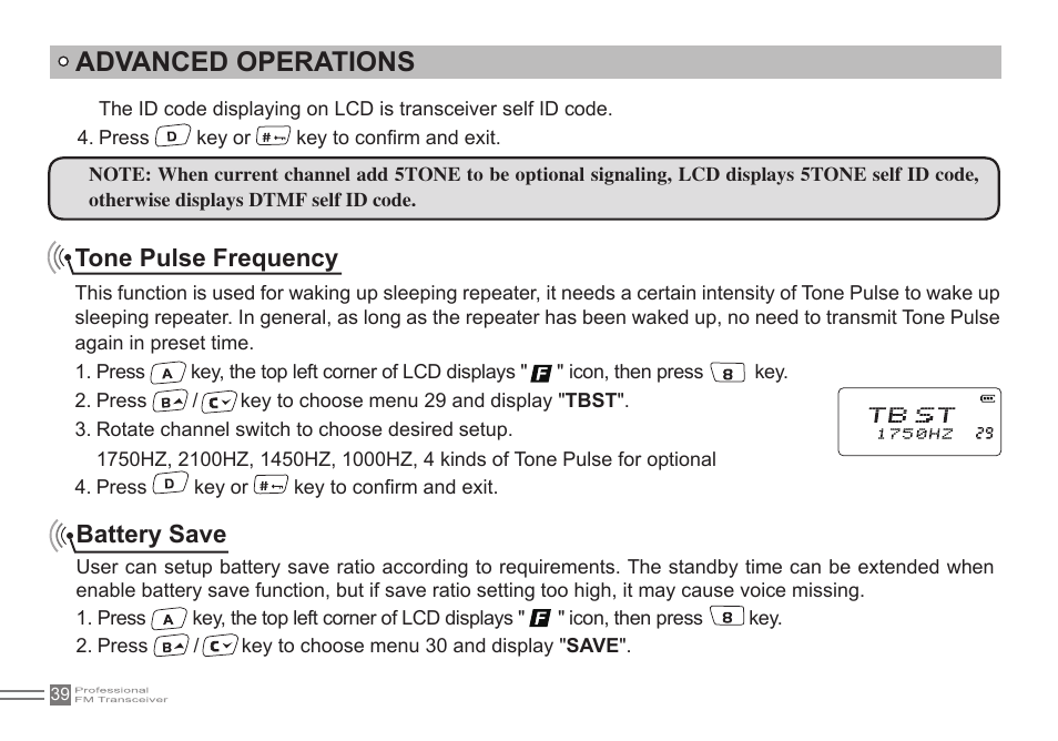 Advanced operations, Tone pulse frequency, Battery save | Alinco DJ-500 User Manual | Page 55 / 69