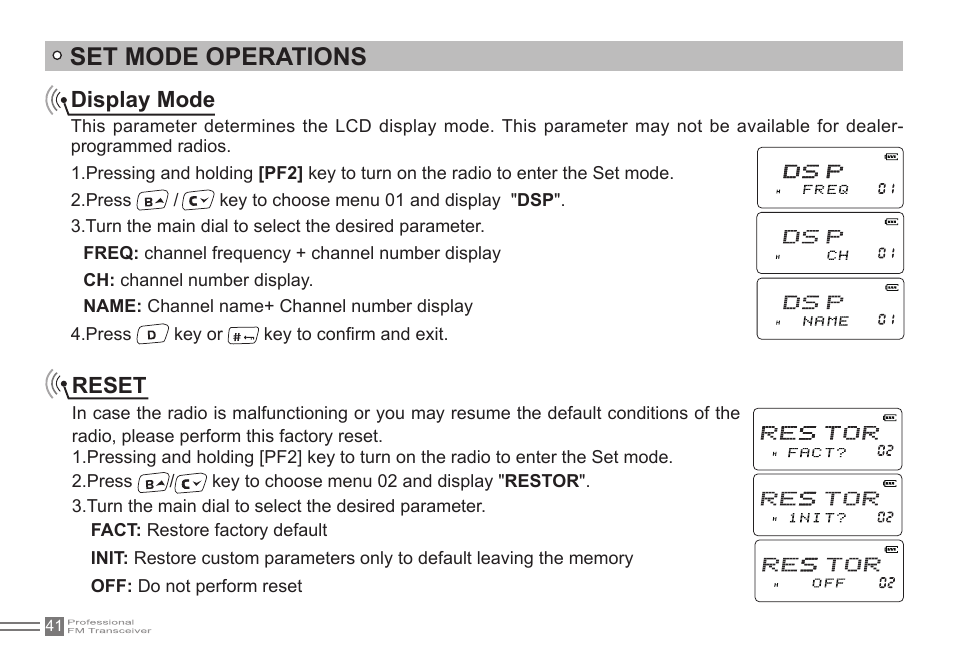 Set mode operations, Display mode, Reset | Alinco DJ-500 User Manual | Page 57 / 69