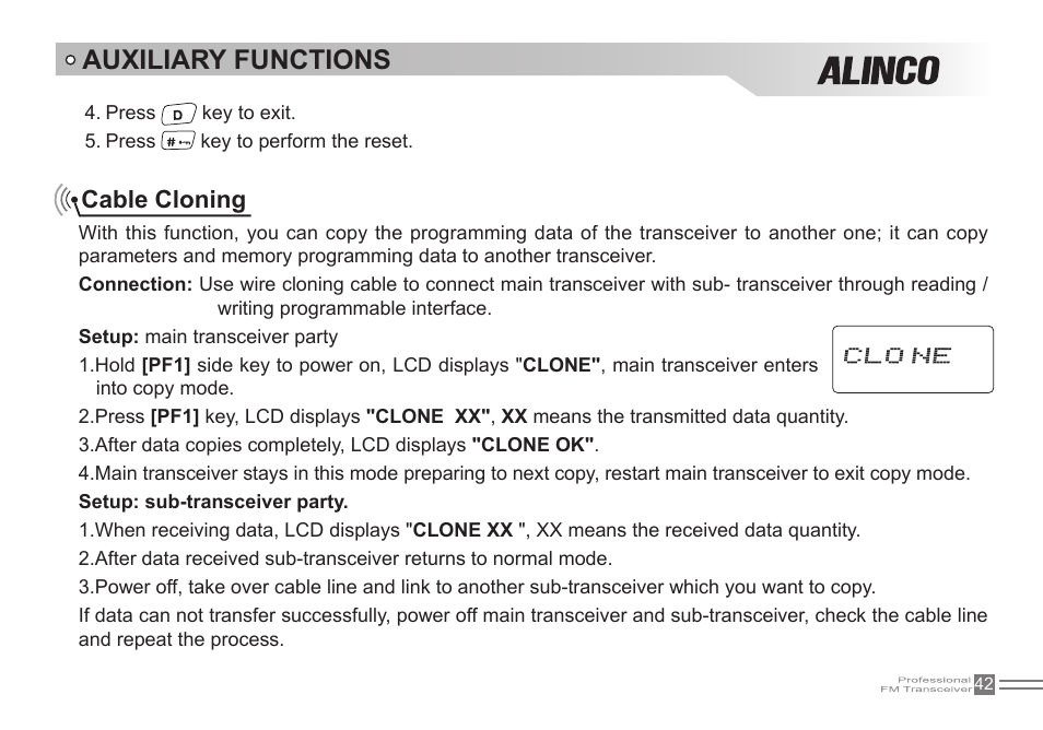 Auxiliary functions, Cable cloning | Alinco DJ-500 User Manual | Page 58 / 69