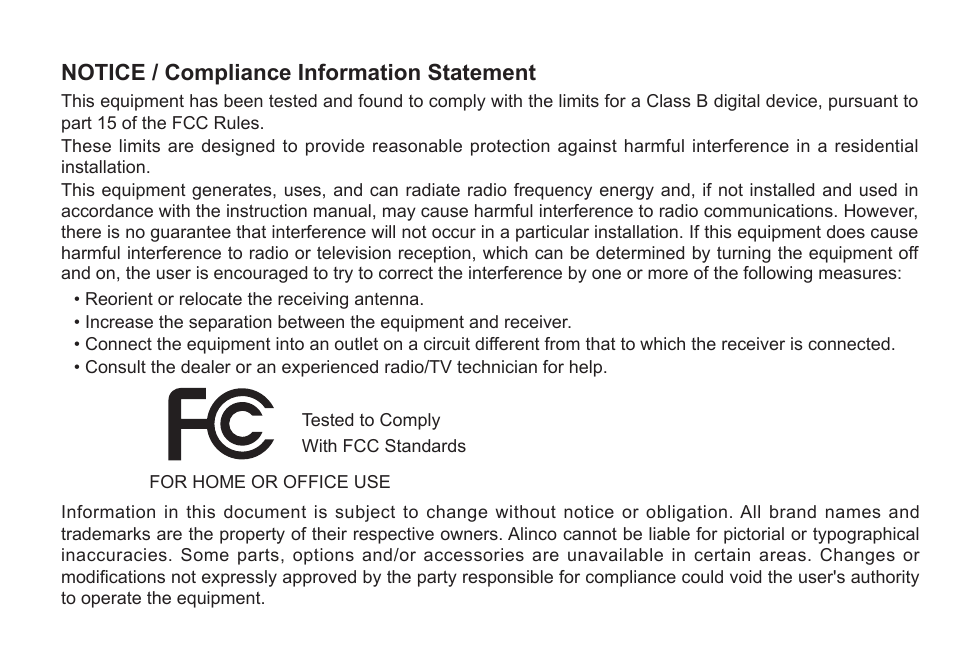 Notice / compliance information statement | Alinco DJ-500 User Manual | Page 6 / 69