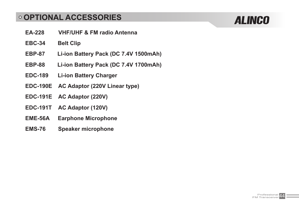 Optional accessories | Alinco DJ-500 User Manual | Page 60 / 69