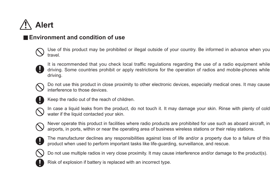 Alert, Environment and condition of use | Alinco DJ-500 User Manual | Page 8 / 69