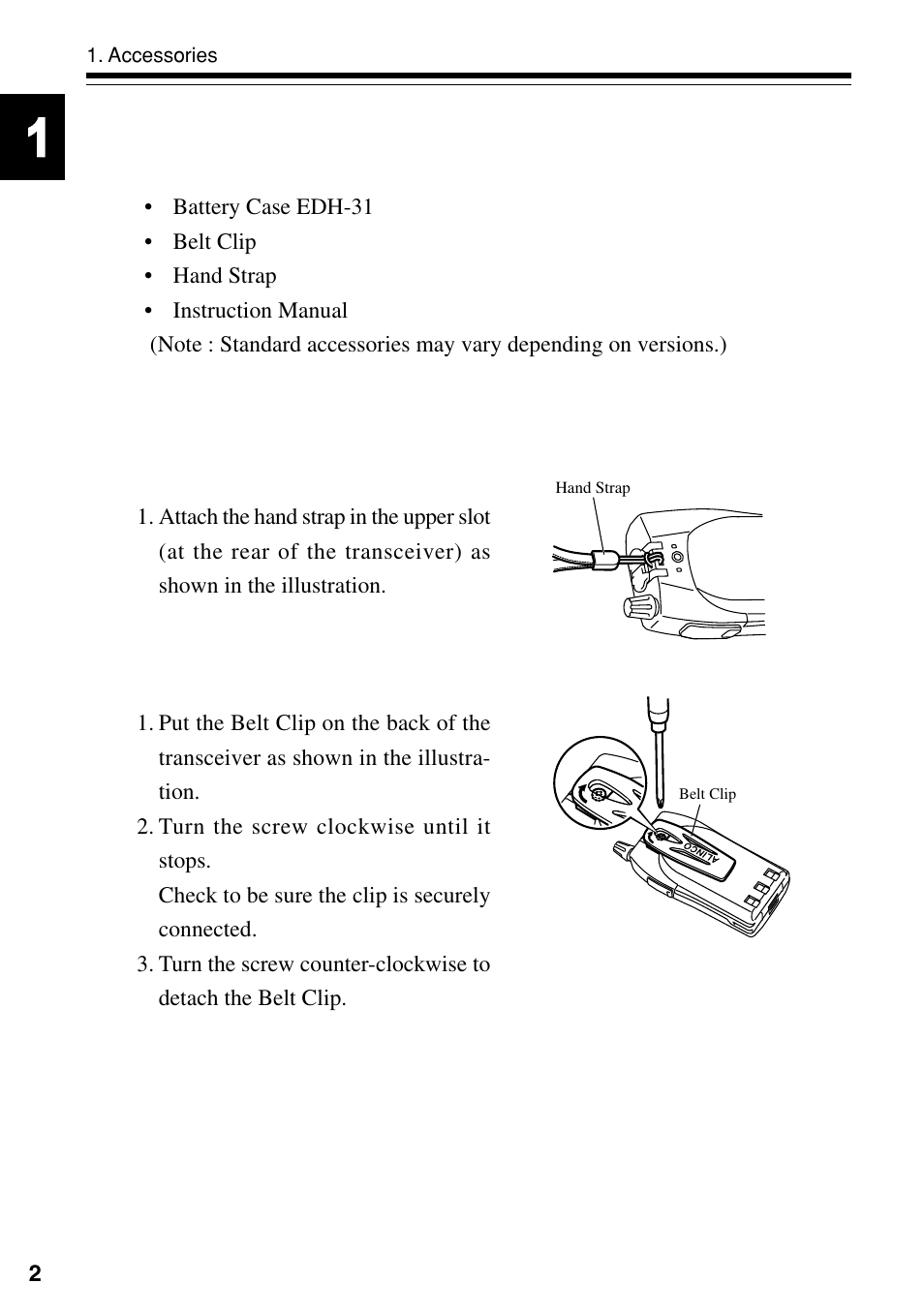 Accessories, 2 attaching and detaching accessories, 1 standard accessories | Alinco DJ-S40 User Manual | Page 6 / 44