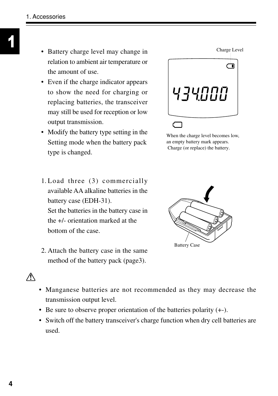 Caution, 3 battery level indicator, 4 loading batteries | Alinco DJ-S40 User Manual | Page 8 / 44