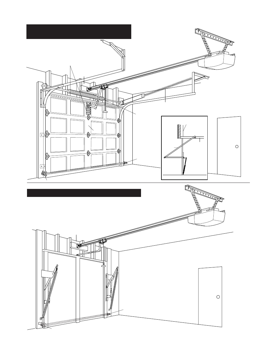 Sectional door installation, One-piece door installation, One-piece door without track installation | Chamberlain 2000SDR 1/2 HP User Manual | Page 5 / 36