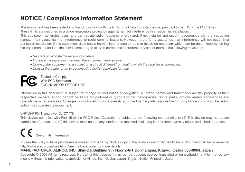 Notice / compliance information statement | Alinco DJ-C7 User Manual | Page 2 / 34