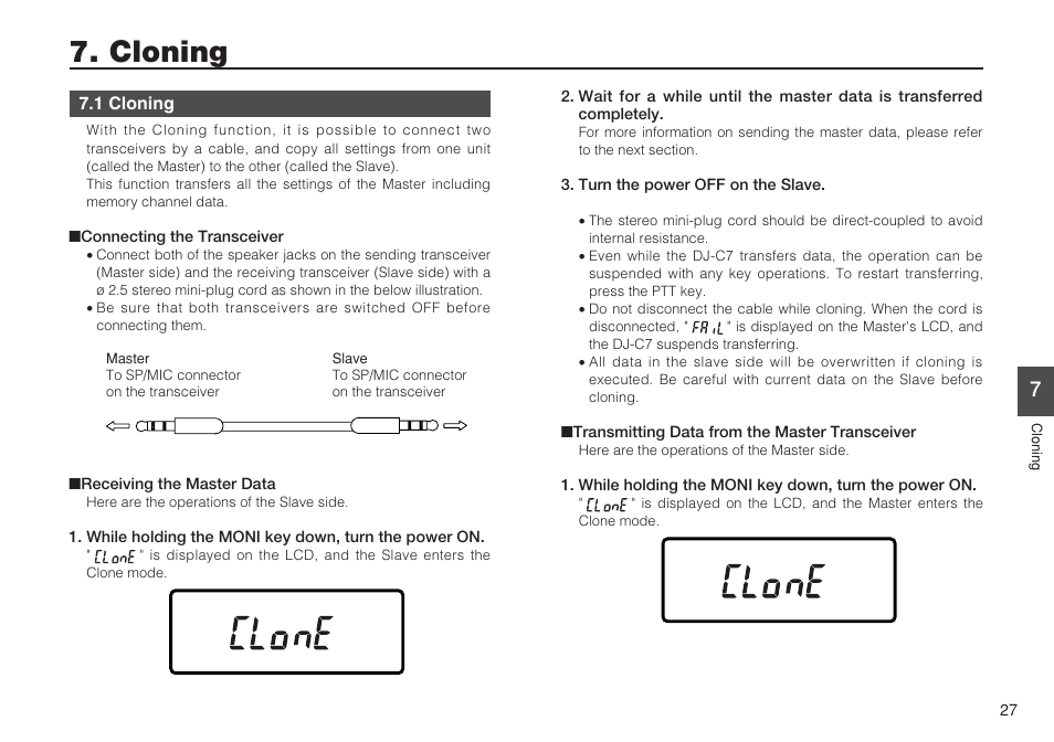 Cloning | Alinco DJ-C7 User Manual | Page 27 / 34