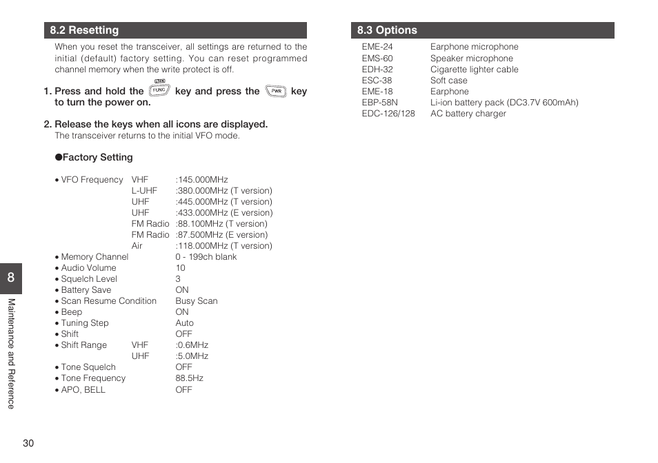 2 resetting, 3 options | Alinco DJ-C7 User Manual | Page 30 / 34