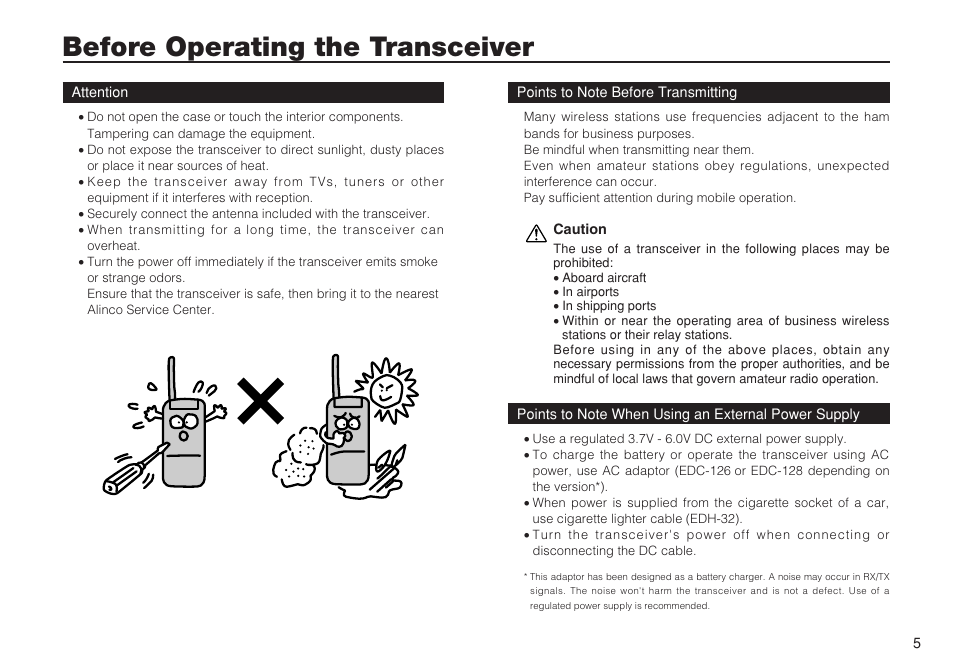 Before operating the transceiver | Alinco DJ-C7 User Manual | Page 5 / 34
