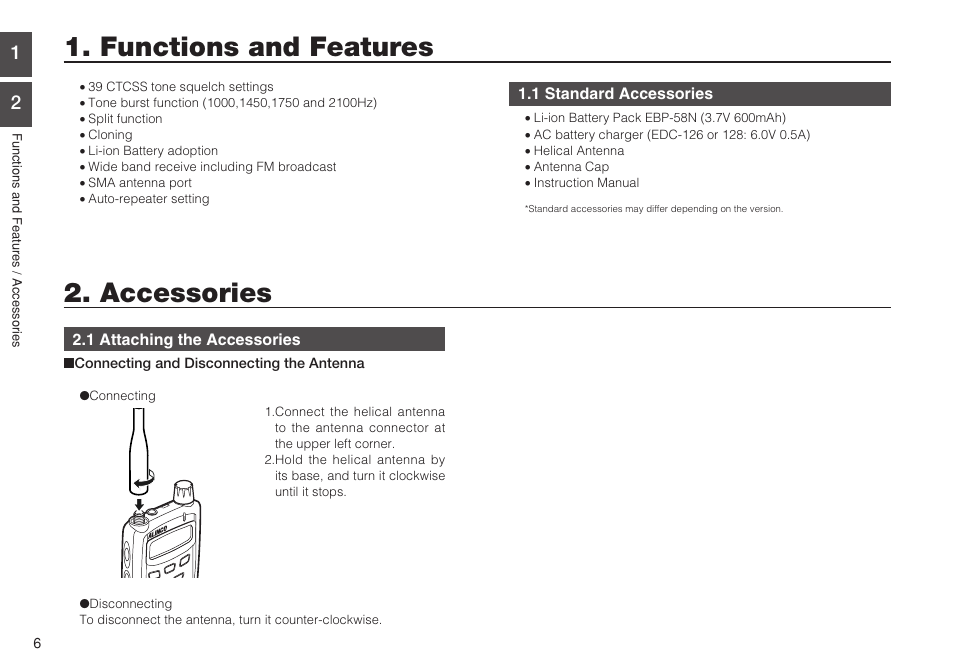 Functions and features 2. accessories | Alinco DJ-C7 User Manual | Page 6 / 34