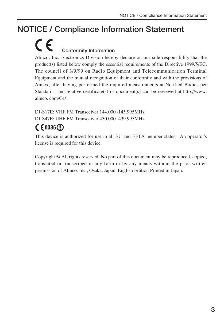 Notice / compliance information statement | Alinco DJ-S17 User Manual | Page 3 / 66