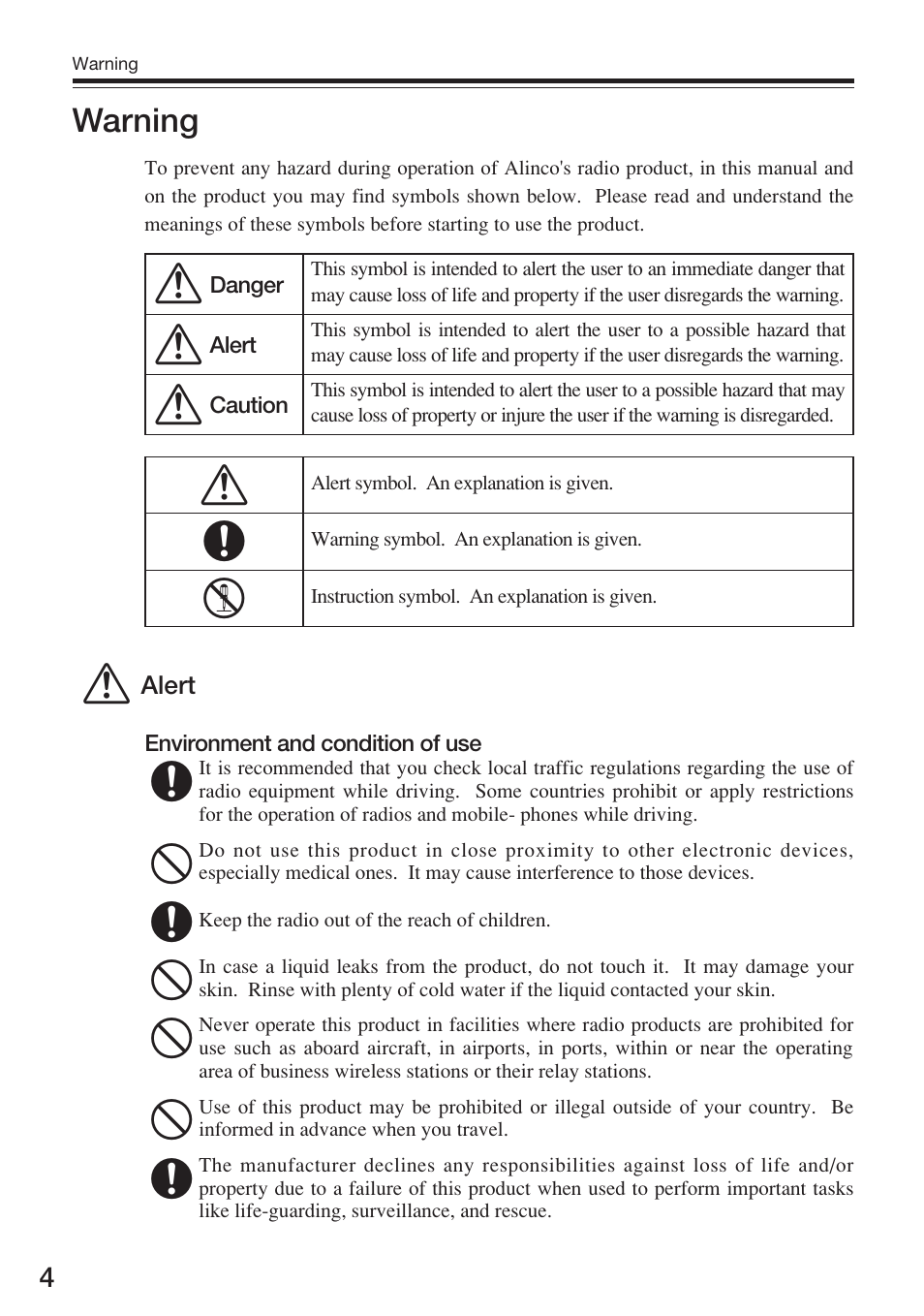 Warning | Alinco DJ-S17 User Manual | Page 4 / 66