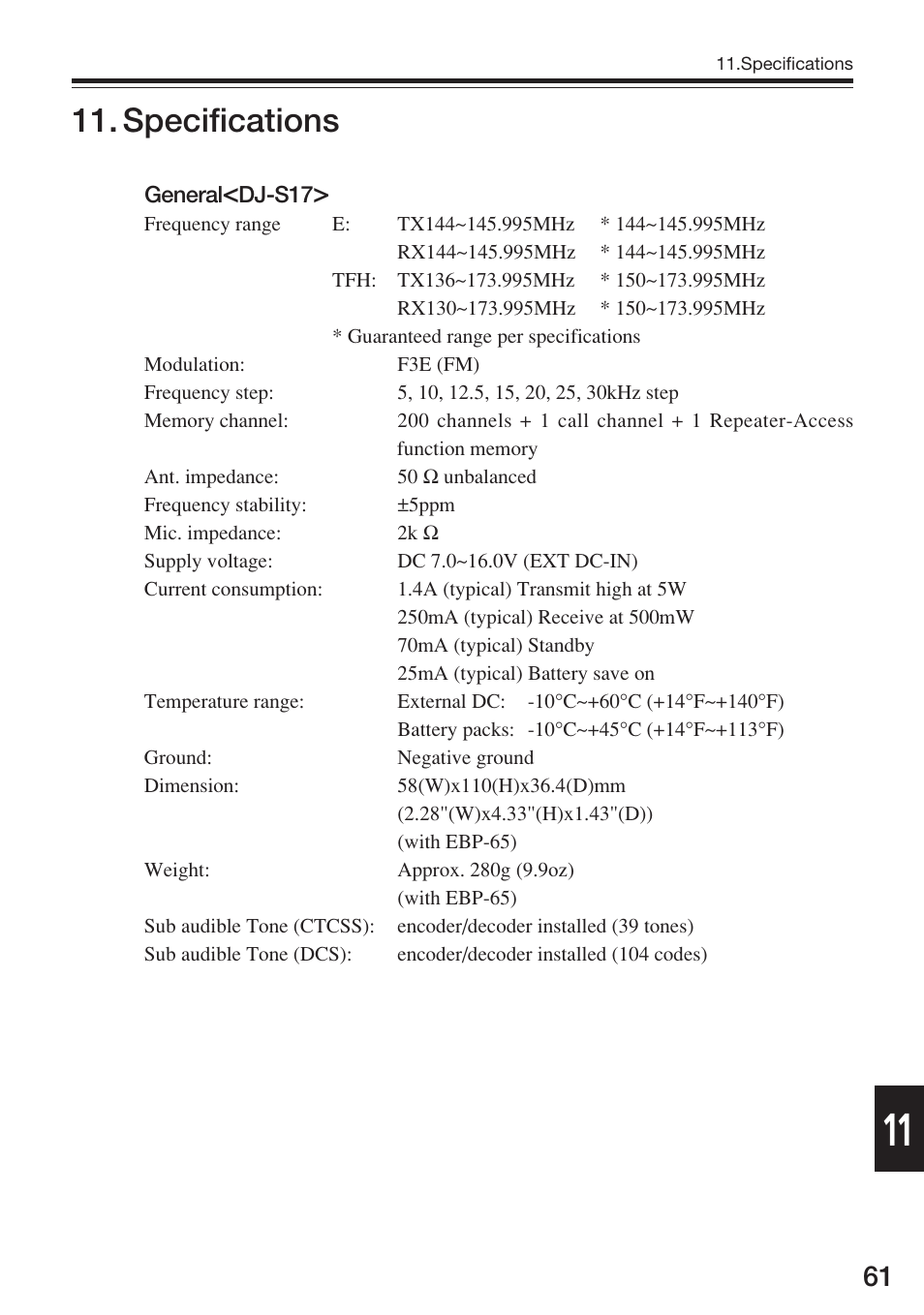 Specifications | Alinco DJ-S17 User Manual | Page 61 / 66